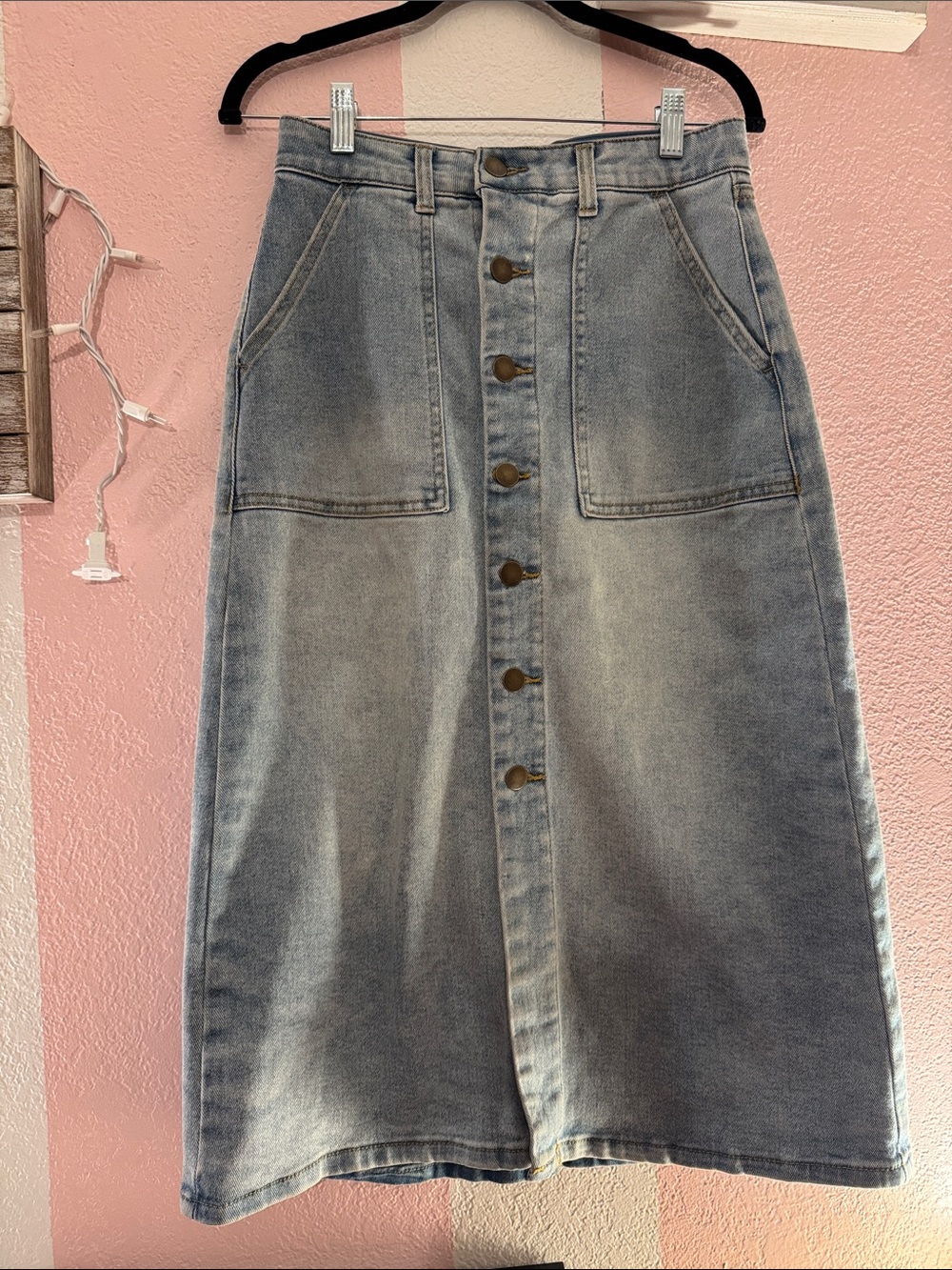 Classic Button-Front Light Blue Denim Midi Skirt